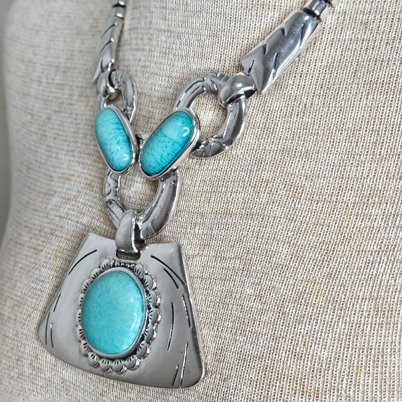 Navajo Style Statement Necklace Faux Turquoise Silvertone 20" Long Boho - Picture 4 of 7
